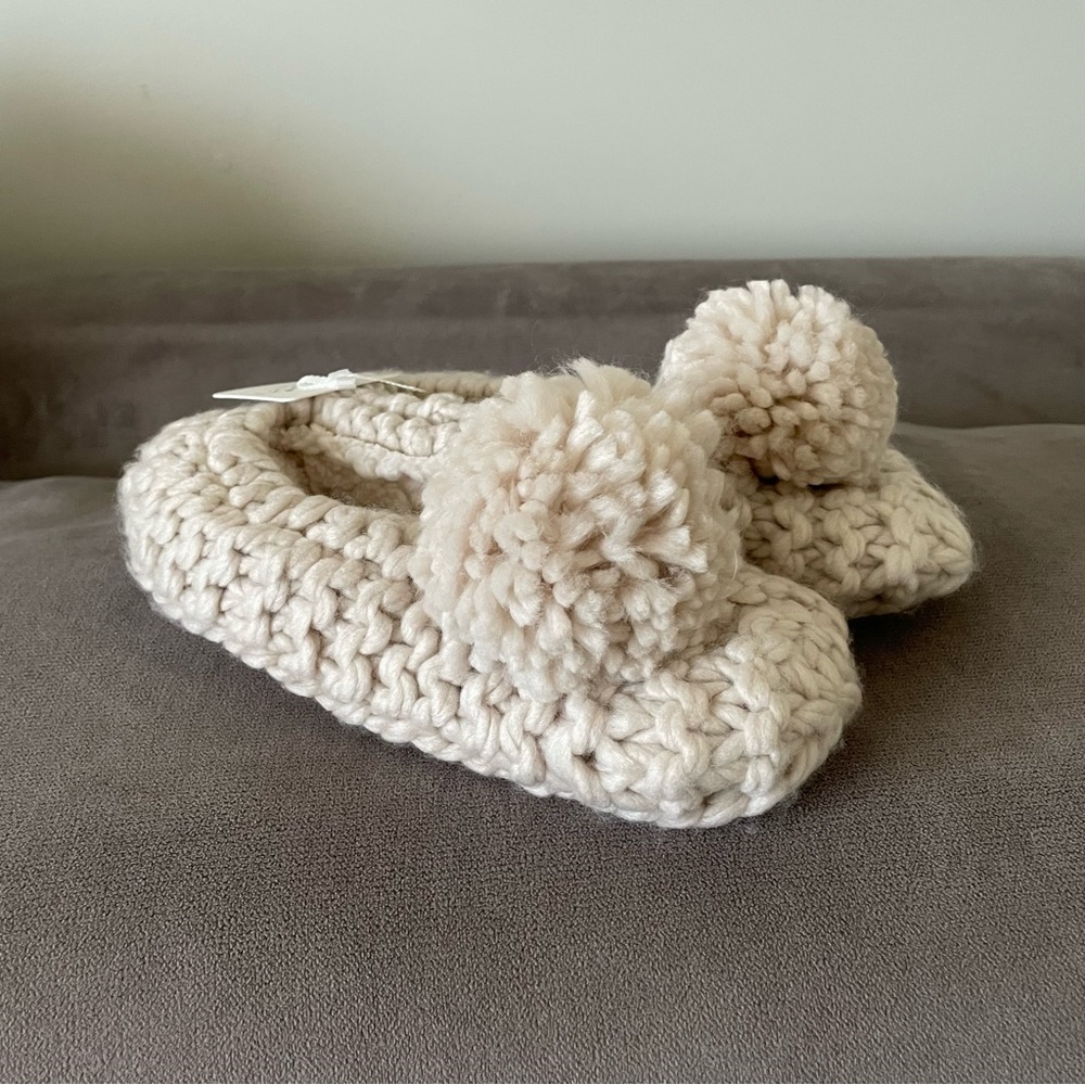 Beige Hand Knit Slippers with Pom Poms - Picture 4 of 7